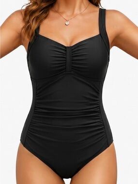 Classic Black Ruched One-Piece Swimsuit by Tempt Me "NWT"